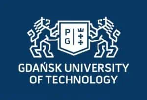 青い背景にグダニスク工科大学のロゴ。
