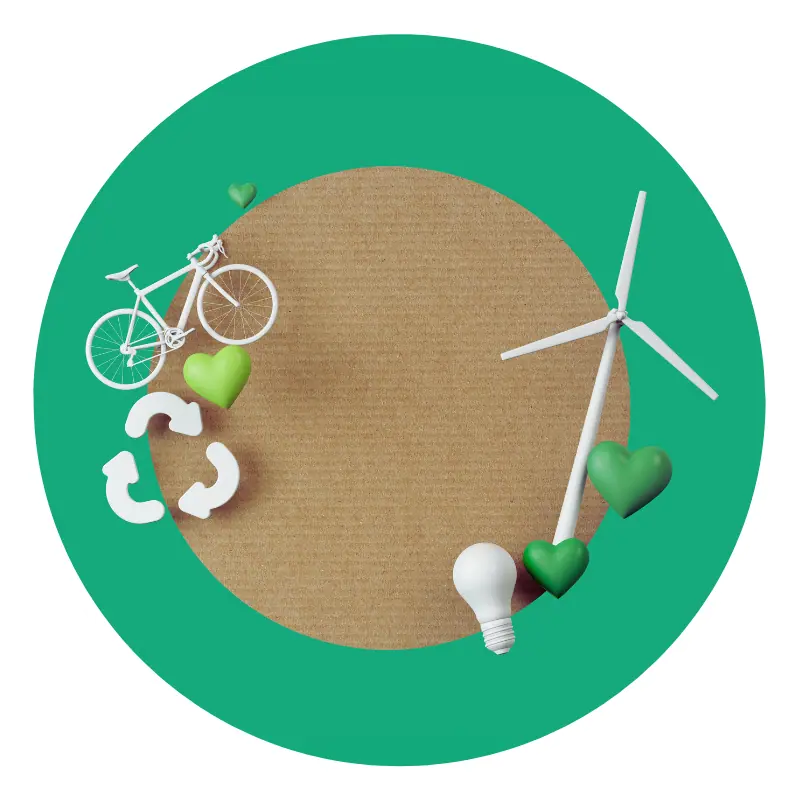 Simboli ecologici: bicicletta, riciclaggio, vento e lampadina.