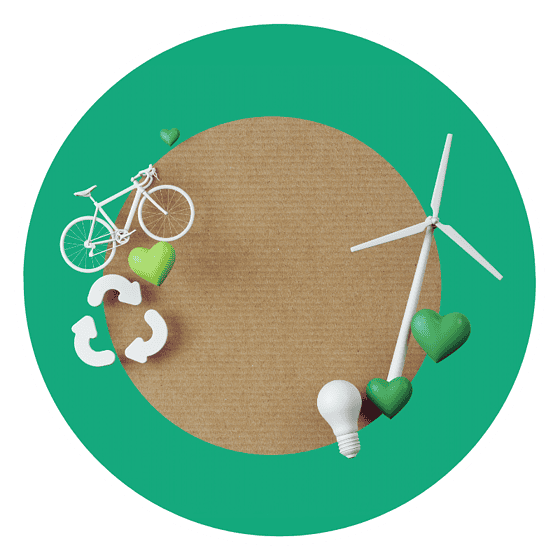 a circular green circle with white objects and a bicycle