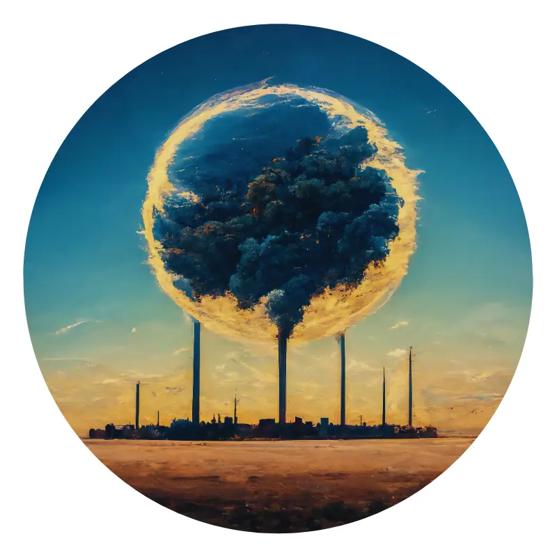Paesaggio urbano industriale surreale con ciminiere e pianeta.