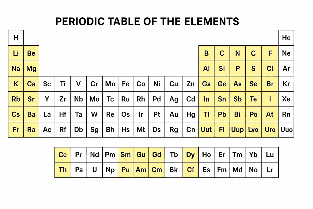 Tavola periodica che mostra i simboli degli elementi chimici.