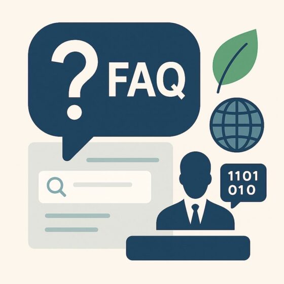 FAQ icons with search, globe, binary code.
