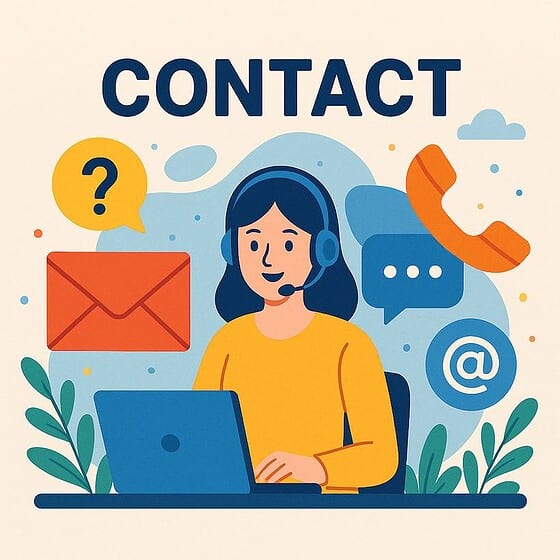 Customer service representative with contact icons.