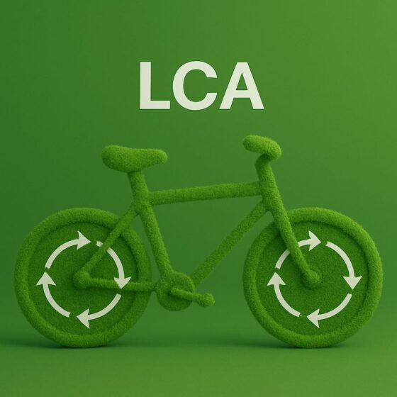 Green bicycle with recycle symbols on wheels