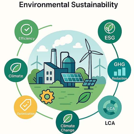 Environmental sustainability with solar panels and wind turbines.