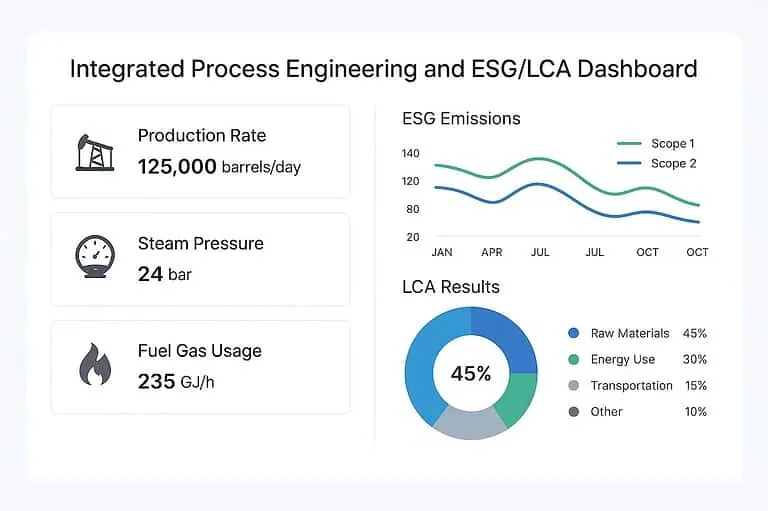 Dashboard di processo che mostra i risultati di produzione, emissioni e LCA.
