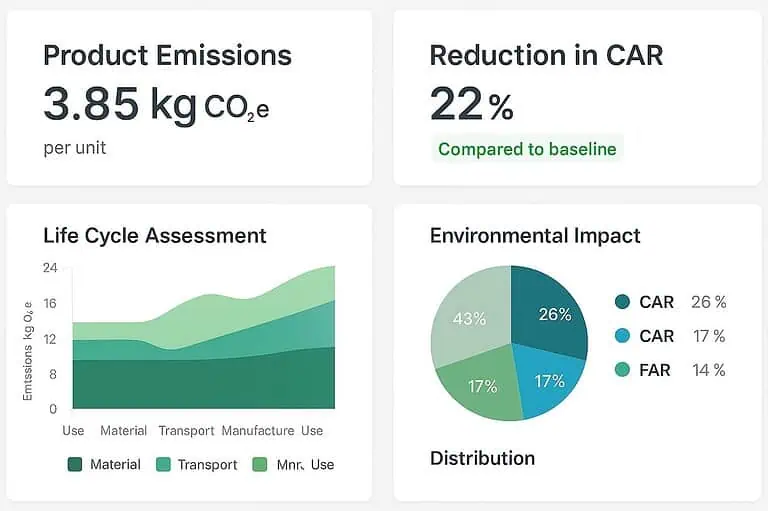 Vengono visualizzati grafici sulle emissioni dei prodotti e sull'impatto ambientale.