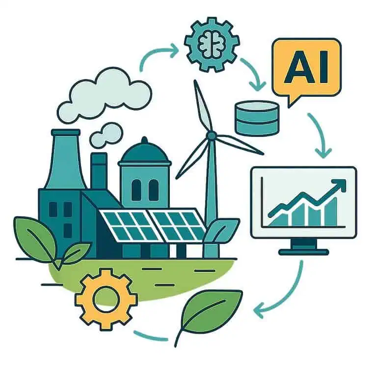 Illustrazione dell'integrazione dell'intelligenza artificiale con le energie rinnovabili.