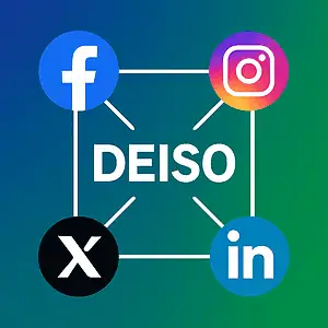 DEISO 페이스북, 인스타그램, X에 연결됨 LinkedIn 로고.