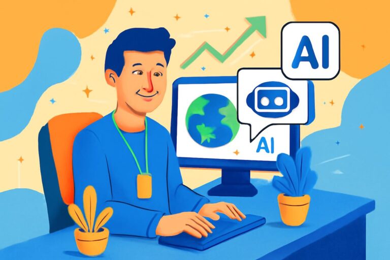 Illustration of person using computer with AI symbols.