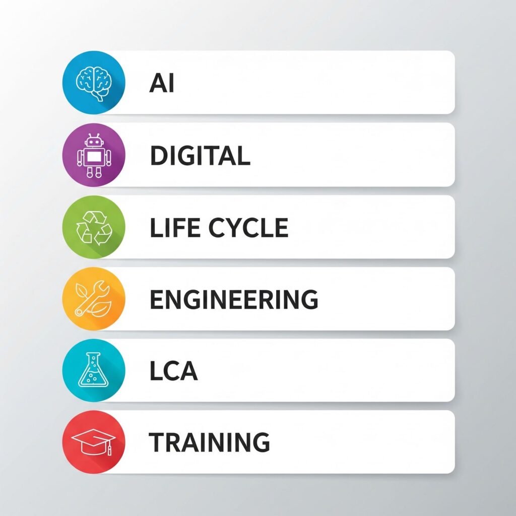 Icone di intelligenza artificiale, digitale, ciclo di vita, ingegneria, LCA, formazione