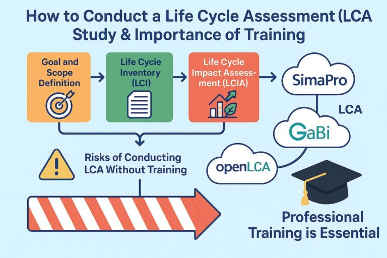 Life Cycle Assessment training process and tools illustration.