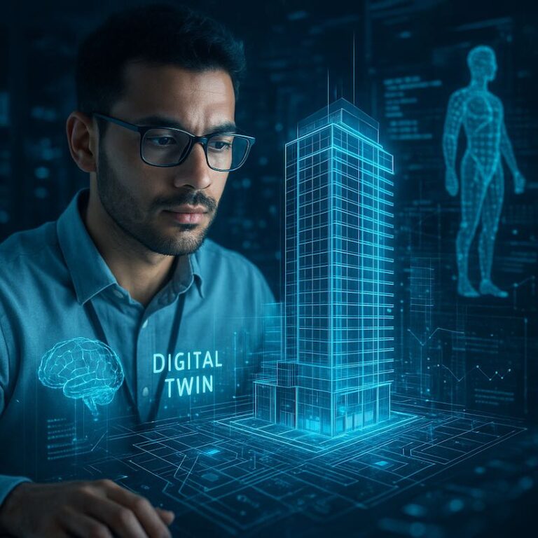Man analyzing digital twin skyscraper model.