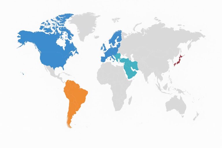 Mappa del mondo che mostra le regioni in diversi colori.