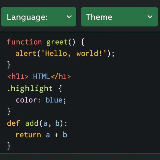 Code snippets in JavaScript, HTML, CSS, Python