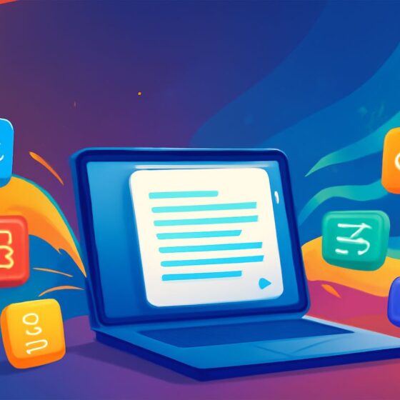 Colorful laptop with floating icons