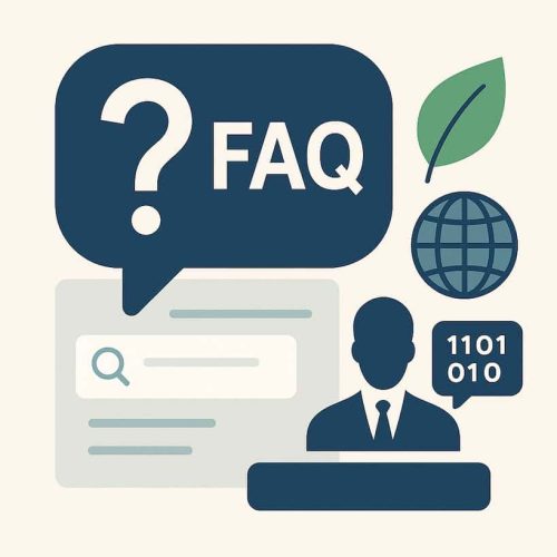 DEISO-FAQ FAQ icons with search, globe, binary code.